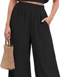 Black Women's Sleeveless Crop Top & Wide Leg Pants Sweat Set, Summer 2025